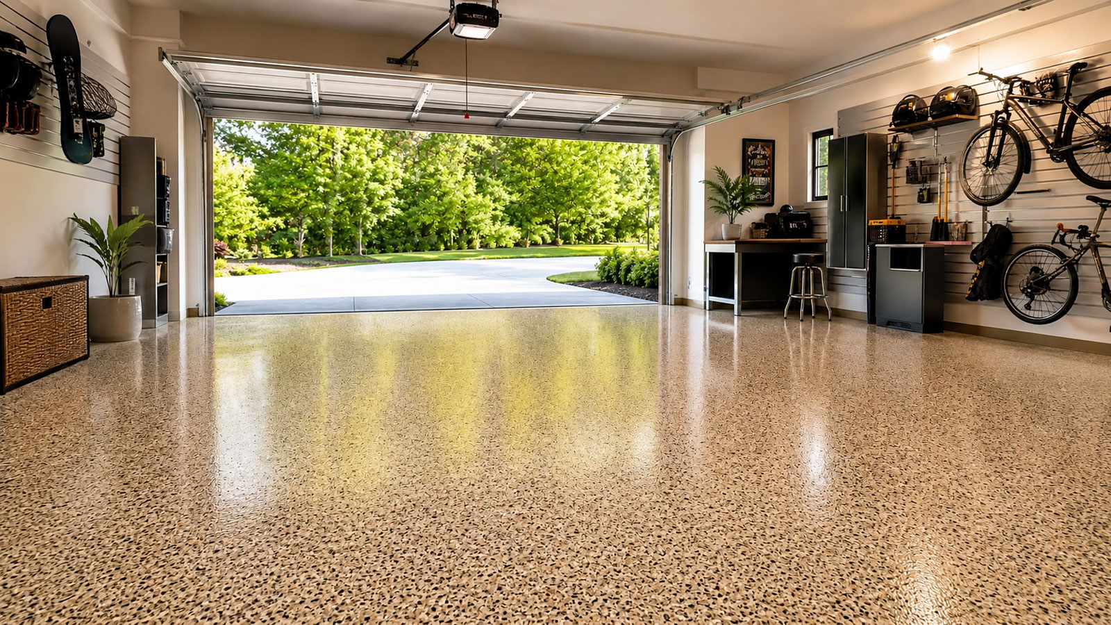 Eastern deciduous garage setting with a decorative floor coating